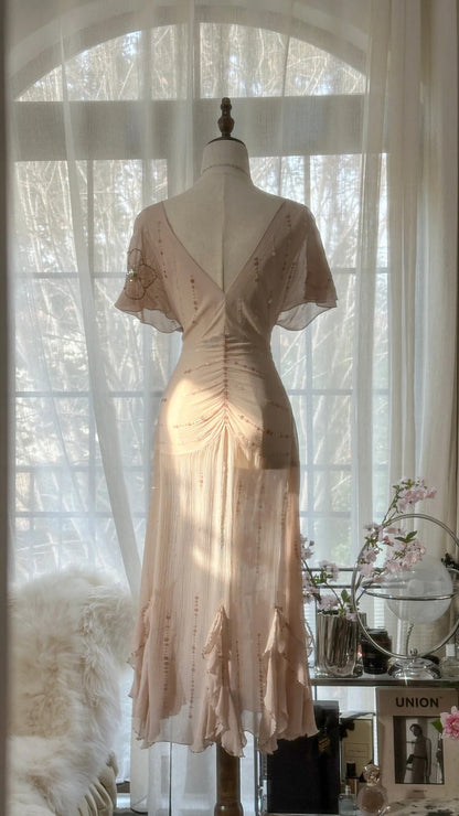 Elegantes rosafarbenes V-Ausschnitt kurzärmeliges fließendes Chiffon-Ballkleid P3309
