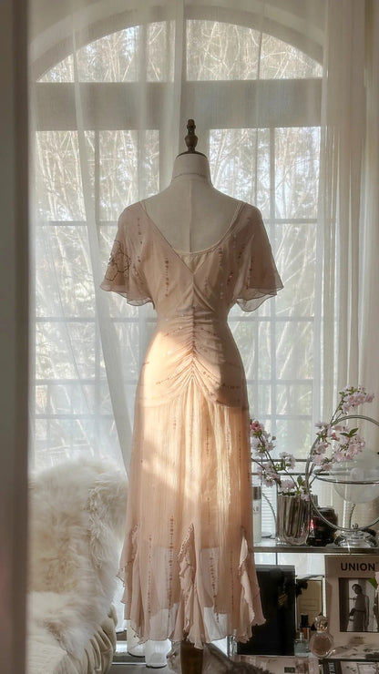 Elegant Pink V-neck Short-sleeved Chiffon Flowing Prom Dress P3309 PreppyDress Elegant Pink V-neck Short-sleeved Chiffon Flowing Prom Dress P3309 PreppyDress