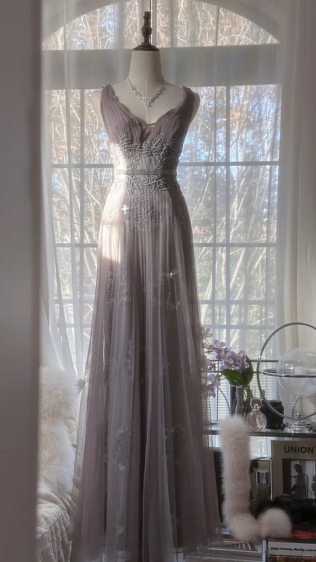 Stunning Purple Lace Tulle Backless Long Prom Dress P3310
