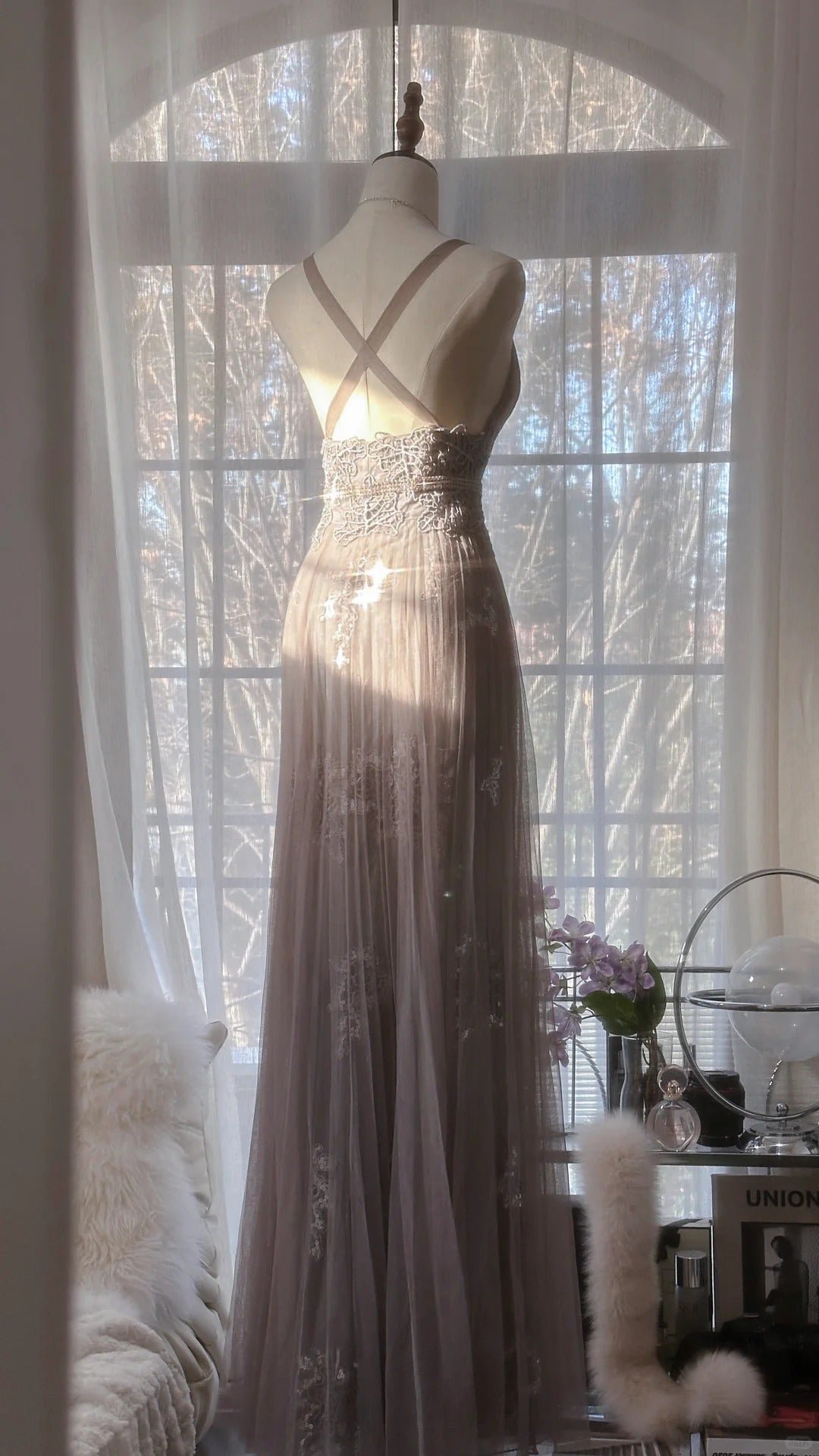 Stunning Purple Lace Tulle Backless Long Prom Dress P3310