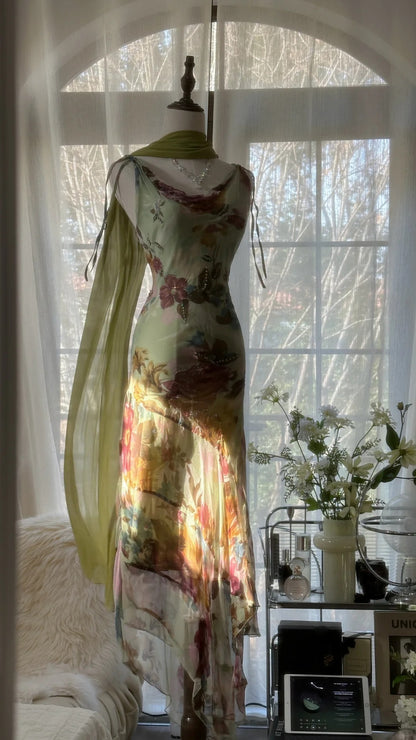 Vintage Grünes Ölgemälde Chiffon Print Unregelmäßiges Rock Ballkleid P3312