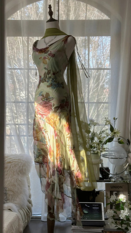 Vintage Grünes Ölgemälde Chiffon Print Unregelmäßiges Rock Ballkleid P3312