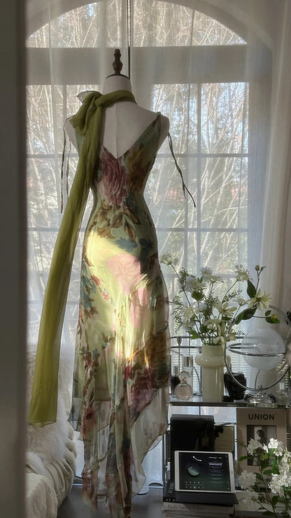 Vintage Grünes Ölgemälde Chiffon Print Unregelmäßiges Rock Ballkleid P3312