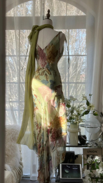 Vintage Grünes Ölgemälde Chiffon Print Unregelmäßiges Rock Ballkleid P3312