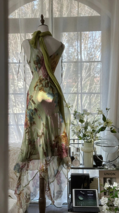 Vintage Grünes Ölgemälde Chiffon Print Unregelmäßiges Rock Ballkleid P3312