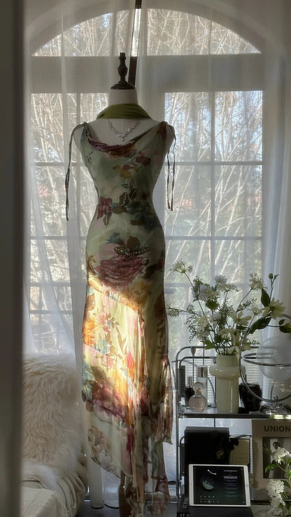 Vintage Grünes Ölgemälde Chiffon Print Unregelmäßiges Rock Ballkleid P3312