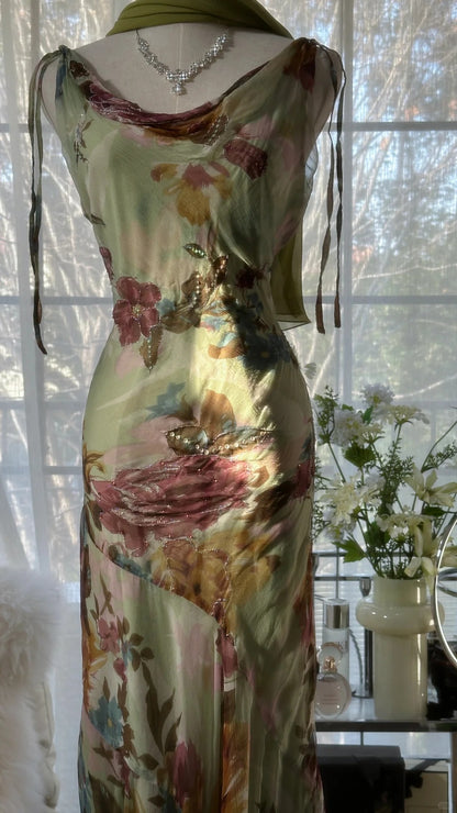 Vintage Grünes Ölgemälde Chiffon Print Unregelmäßiges Rock Ballkleid P3312