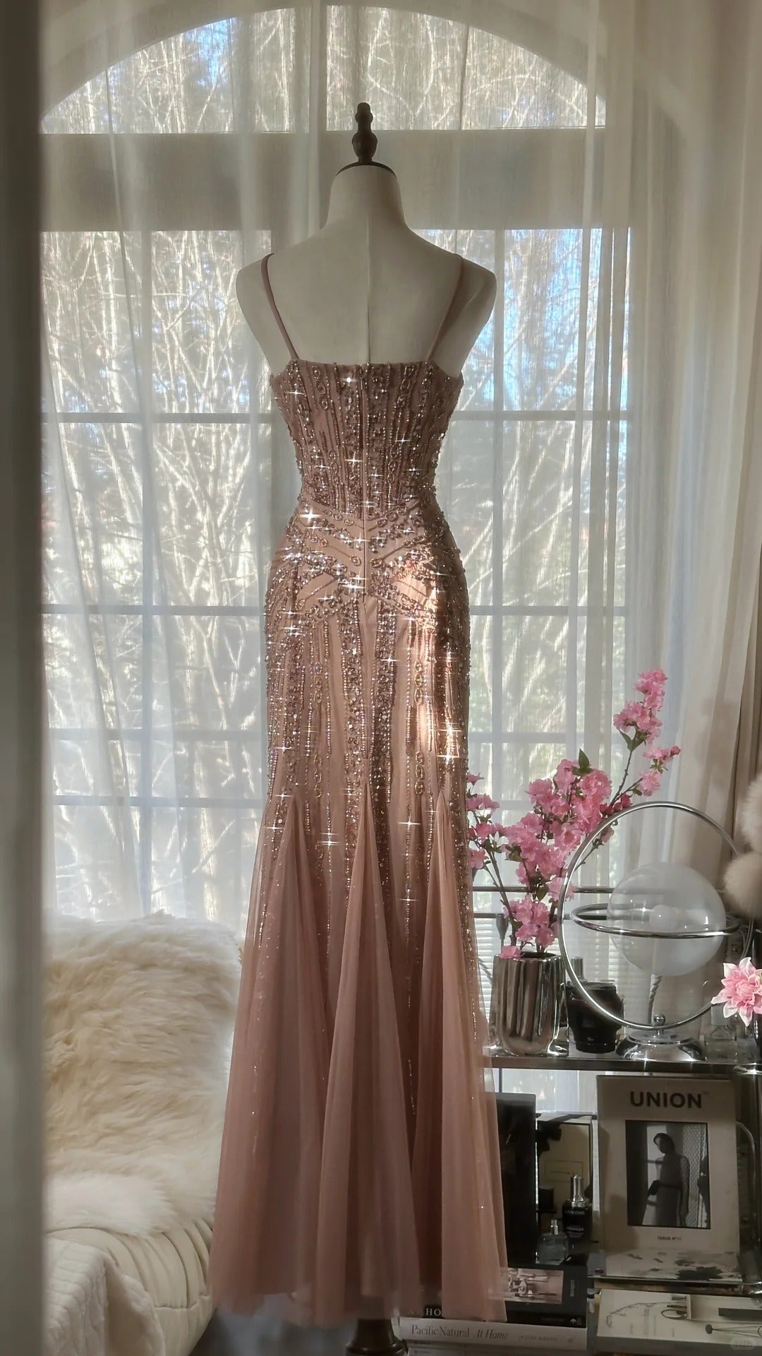 Shiny Pink Beaded Chiffon Mermaid Princess Long Prom Dress P3313