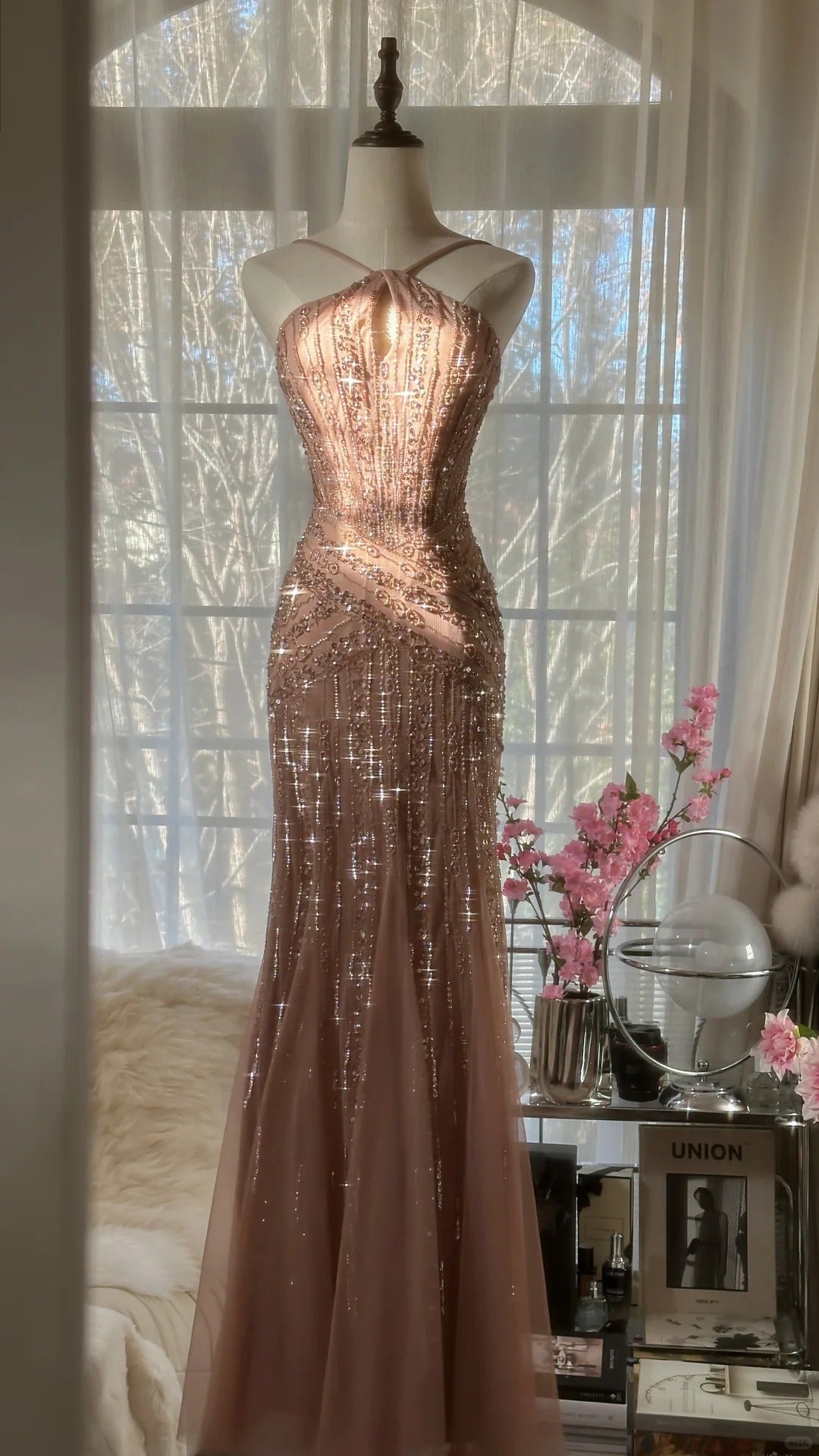 Shiny Pink Beaded Chiffon Mermaid Princess Long Prom Dress P3313