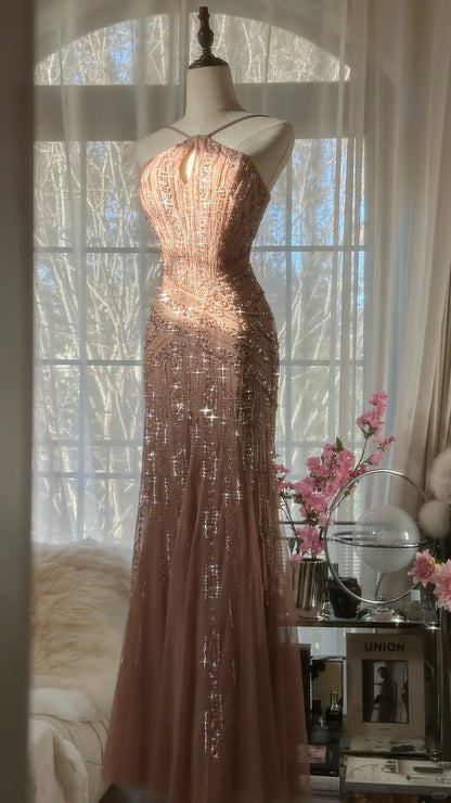 Shiny Pink Beaded Chiffon Mermaid Princess Long Prom Dress P3313