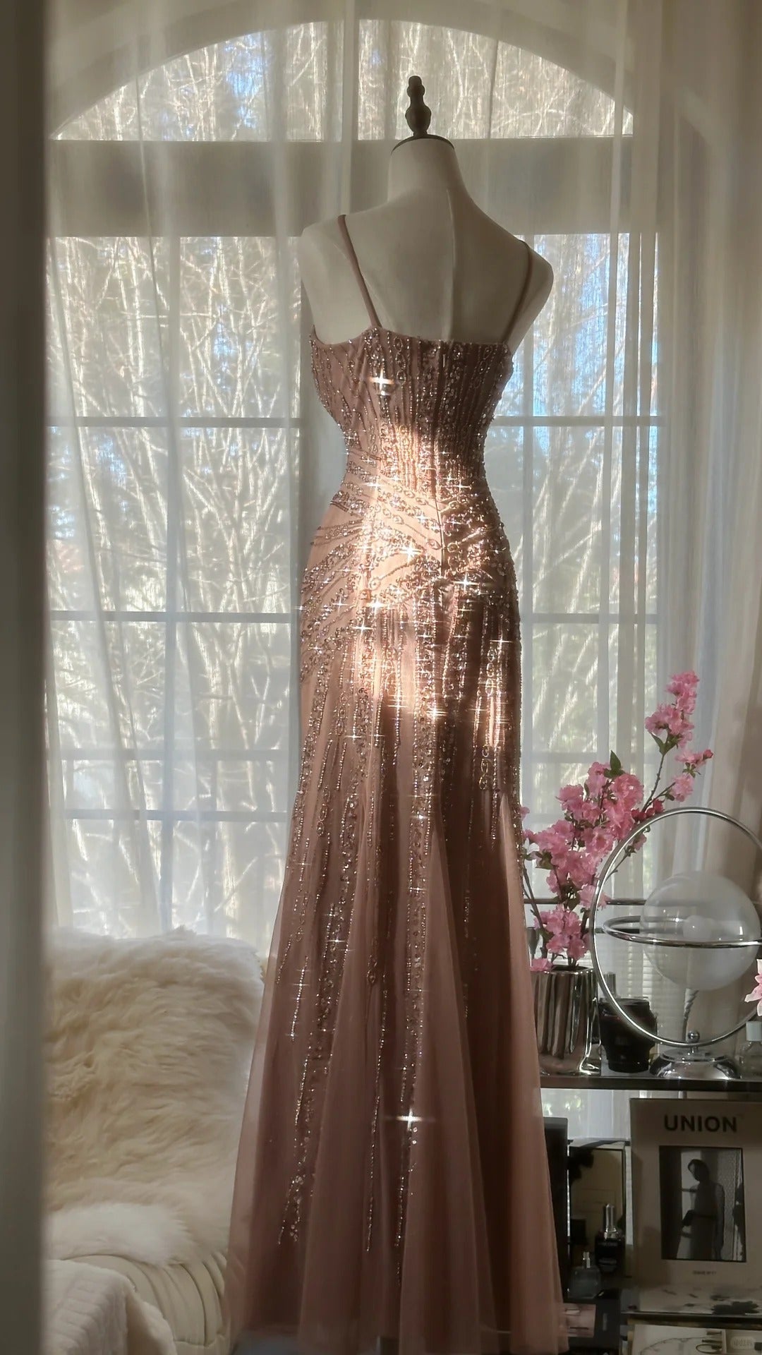 Shiny Pink Beaded Chiffon Mermaid Princess Long Prom Dress P3313