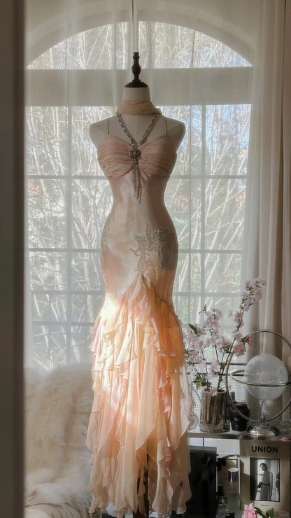 Wunderschönes pinkes Träger-Chiffonkleid mit asymmetrischem Rock für den Abschlussball P3314