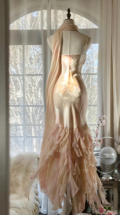 Wunderschönes pinkes Träger-Chiffonkleid mit asymmetrischem Rock für den Abschlussball P3314