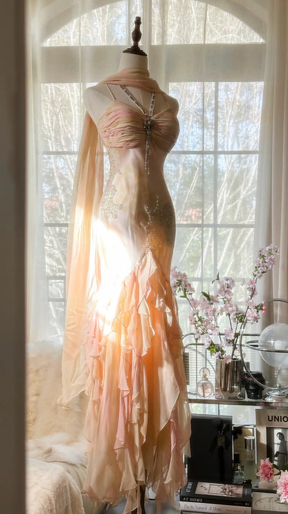 Wunderschönes pinkes Träger-Chiffonkleid mit asymmetrischem Rock für den Abschlussball P3314