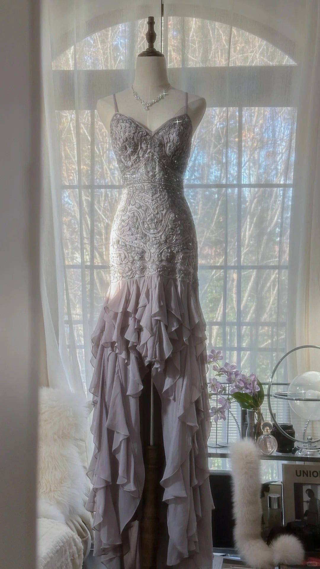 Charming Purple Beaded Short Front And Long Back Ruffled Chiffon Skirt Prom Dress P3315