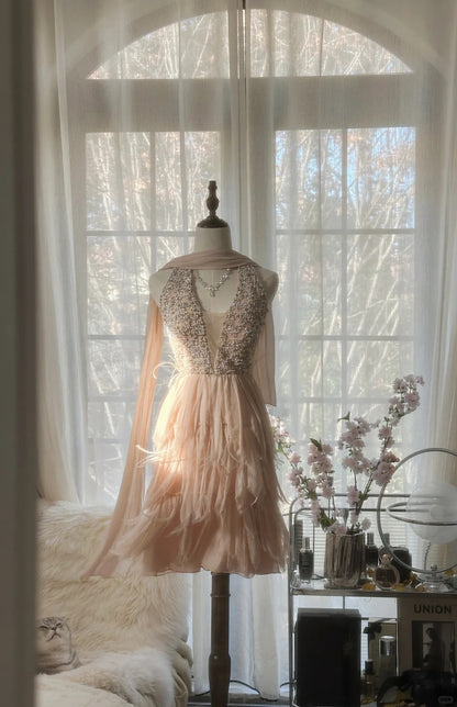 Süßes rosa Neckholder rückenfreies, perlenbesetztes Chiffon kurzes Ballkleid P3316