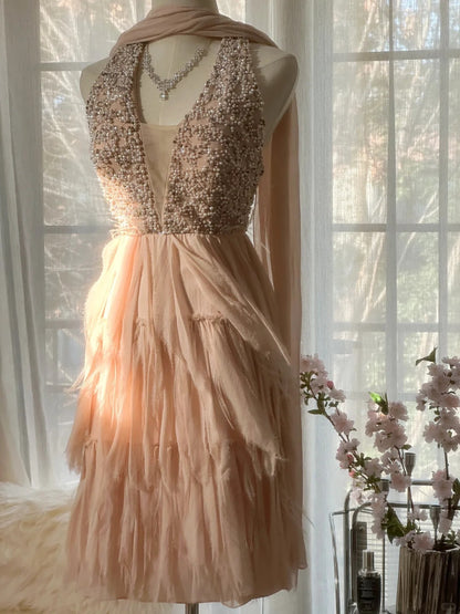 Süßes rosa Neckholder rückenfreies, perlenbesetztes Chiffon kurzes Ballkleid P3316