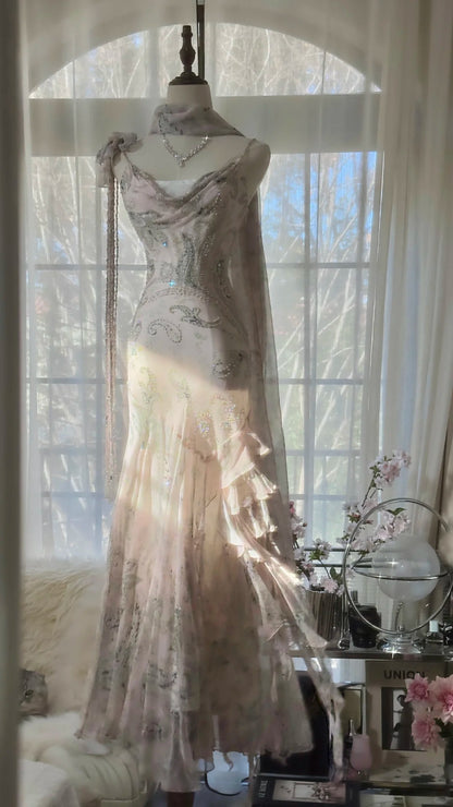 Elegantes pinkfarbenes Chiffon-Lotus-Perlen-Meerjungfrau-Abendkleid P3317
