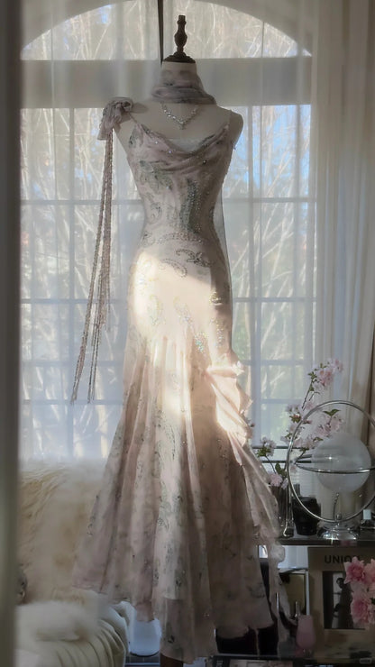 Elegantes pinkfarbenes Chiffon-Lotus-Perlen-Meerjungfrau-Abendkleid P3317