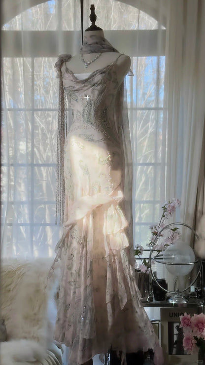 Elegantes pinkfarbenes Chiffon-Lotus-Perlen-Meerjungfrau-Abendkleid P3317