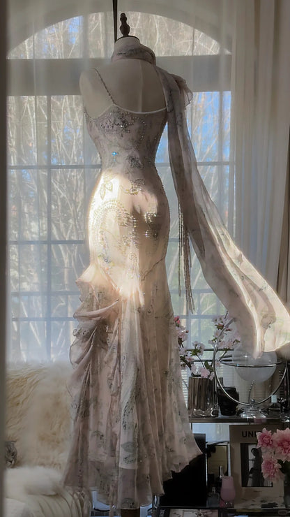Elegantes pinkfarbenes Chiffon-Lotus-Perlen-Meerjungfrau-Abendkleid P3317