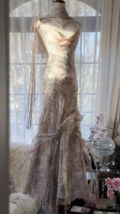 Elegantes pinkfarbenes Chiffon-Lotus-Perlen-Meerjungfrau-Abendkleid P3317