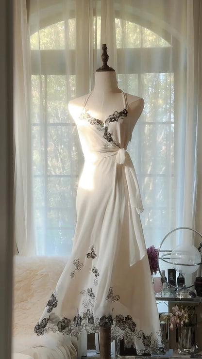 Sexy weißes Neckholder Chiffon Abendkleid mit Spitzenbesatz P3318