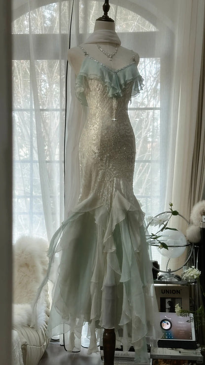 Beautiful Light Green V-neck Ruffled Beaded Chiffon Mermaid Long Prom PreppyDress Beautiful Light Green V-neck Ruffled Beaded Chiffon Mermaid Long Prom PreppyDress
