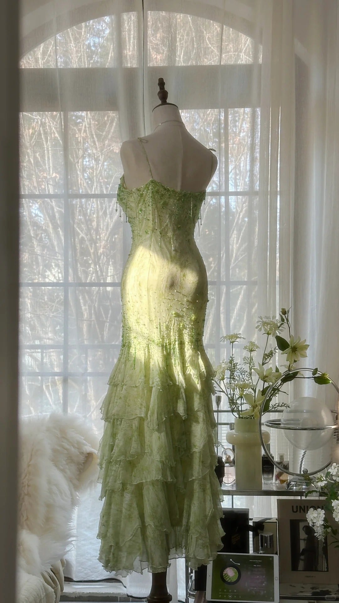 Fresh Green Beaded Mermaid Cake Skirt Prom Dress P3320