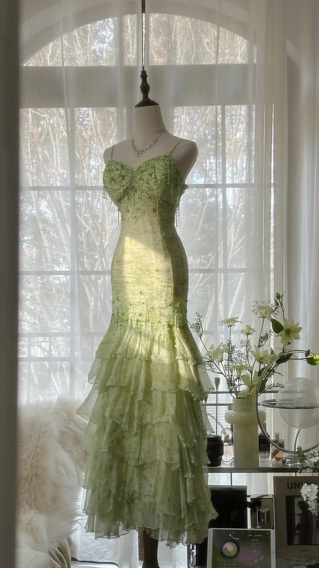 Fresh Green Beaded Mermaid Cake Skirt Prom Dress P3320
