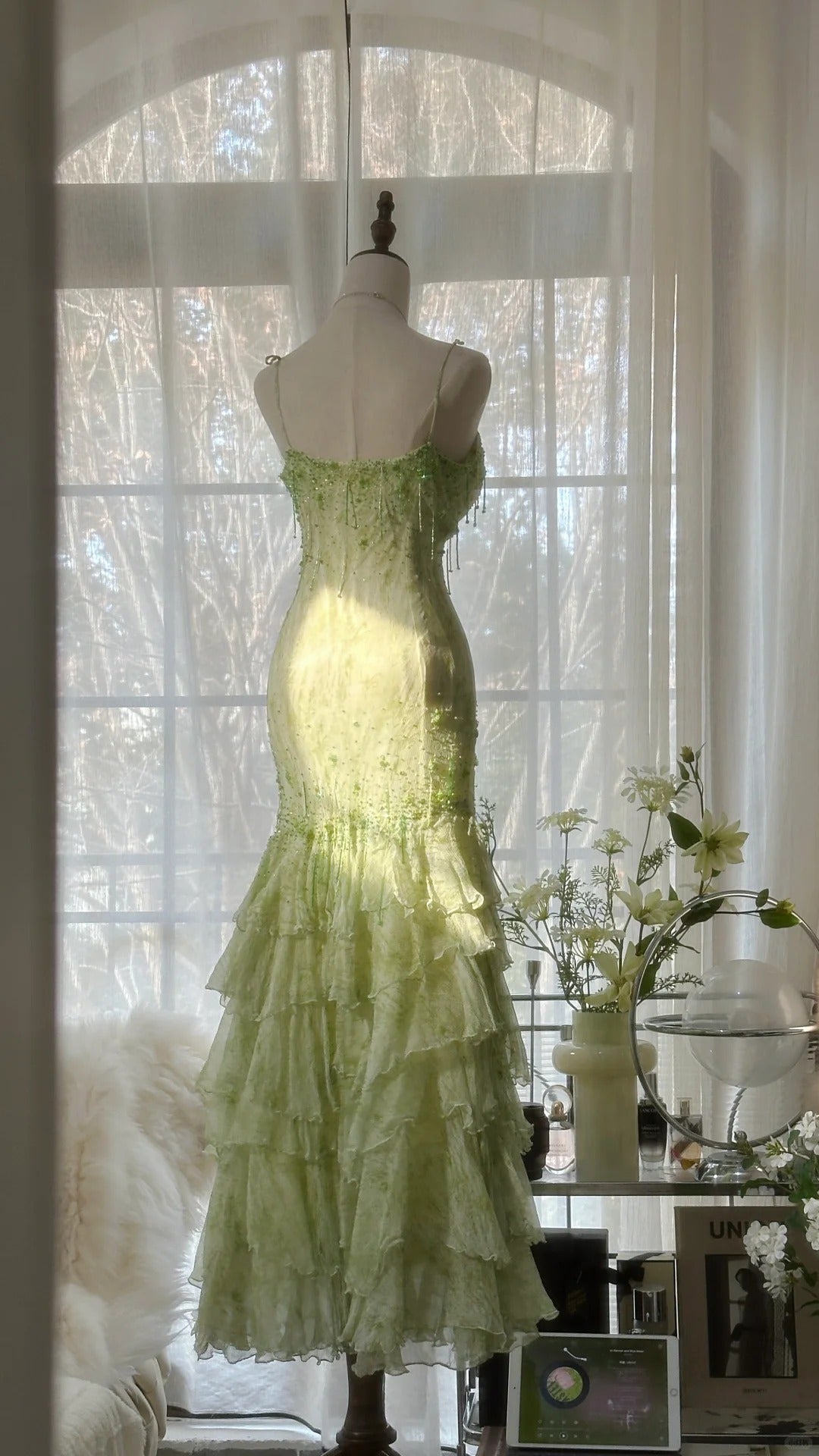 Fresh Green Beaded Mermaid Cake Skirt Prom Dress P3320