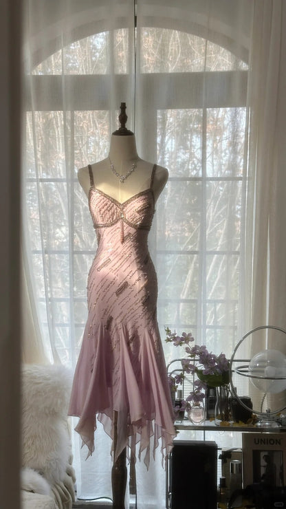Niedliches lila Trägerperlen Chiffon Meerjungfrau kurzes Ballkleid P3322