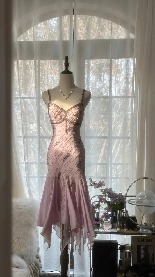 Cute Purple Strap Beaded Chiffon Mermaid Short Prom Dress P3322