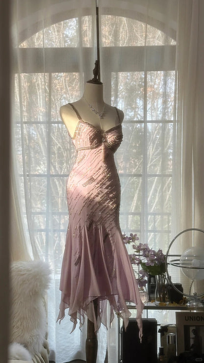 Niedliches lila Trägerperlen Chiffon Meerjungfrau kurzes Ballkleid P3322