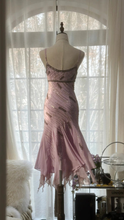 Niedliches lila Trägerperlen Chiffon Meerjungfrau kurzes Ballkleid P3322