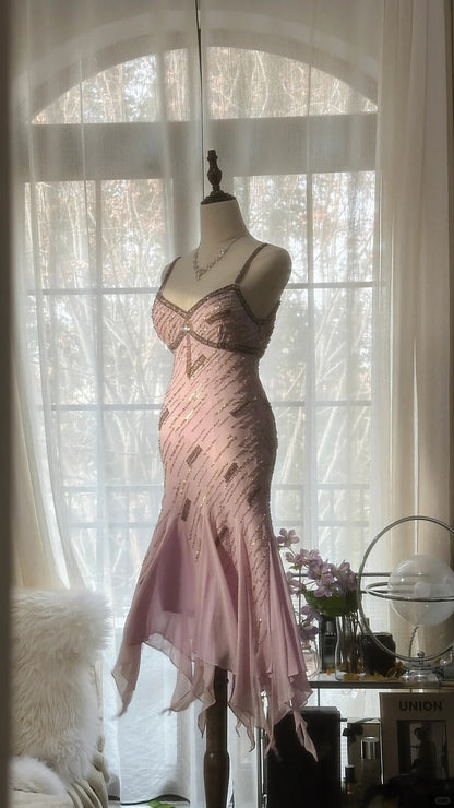 Niedliches lila Trägerperlen Chiffon Meerjungfrau kurzes Ballkleid P3322