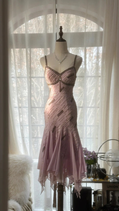 Niedliches lila Trägerperlen Chiffon Meerjungfrau kurzes Ballkleid P3322