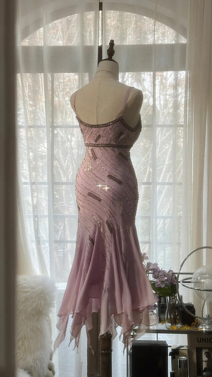 Niedliches lila Trägerperlen Chiffon Meerjungfrau kurzes Ballkleid P3322