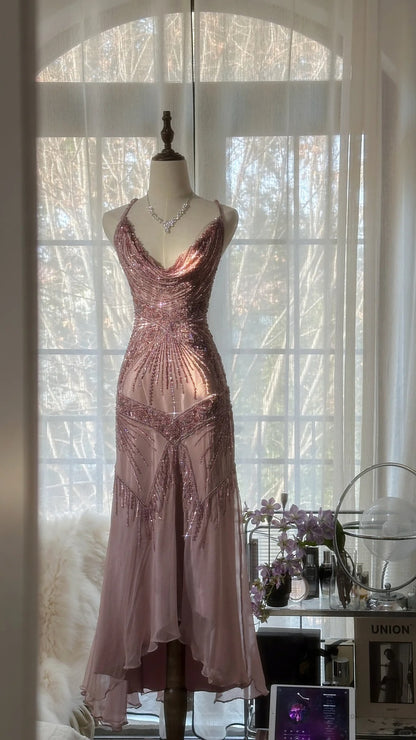 Stunning Pink Backless Beaded Chiffon Long Prom Dress P3323