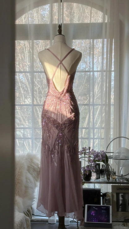 Stunning Pink Backless Beaded Chiffon Long Prom Dress P3323