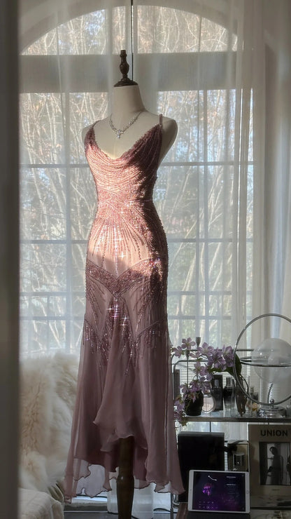 Stunning Pink Backless Beaded Chiffon Long Prom Dress P3323