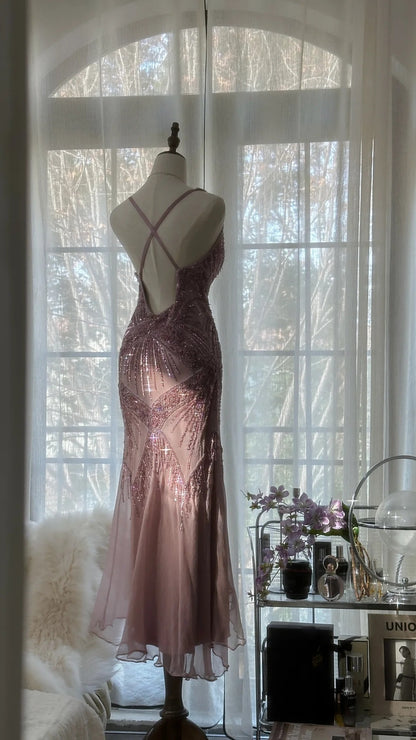 Stunning Pink Backless Beaded Chiffon Long Prom Dress P3323