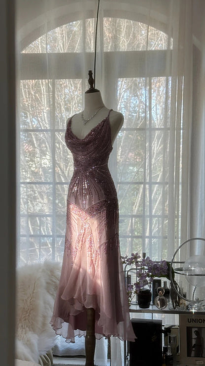 Stunning Pink Backless Beaded Chiffon Long Prom Dress P3323