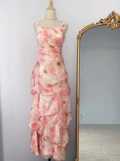 Zartrosa bedrucktes Tüll-Ballkleid lang P3325