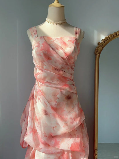 Zartrosa bedrucktes Tüll-Ballkleid lang P3325