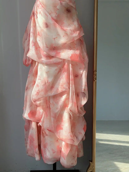Zartrosa bedrucktes Tüll-Ballkleid lang P3325