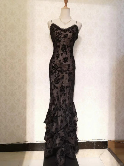 Sexy schwarzes Tüll-Meerjungfrauen-Abendkleid mit Rosen-Trägern P3328