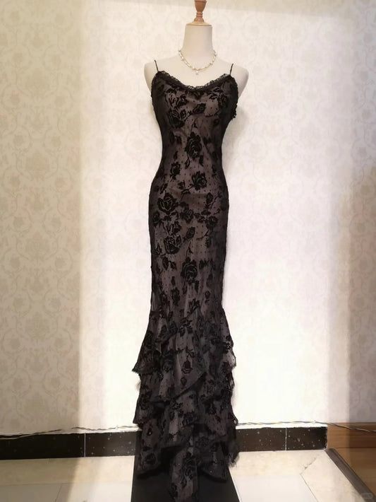 Sexy Black Tulle Rose Strap Mermaid Long Prom Dress P3328