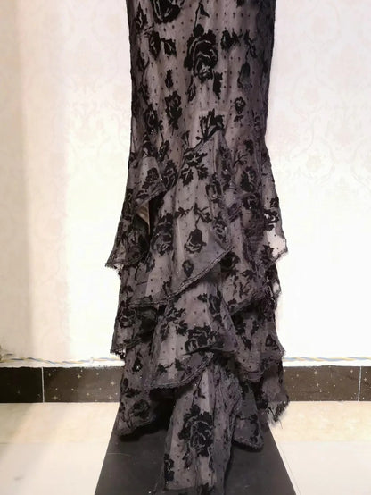 Sexy schwarzes Tüll-Meerjungfrauen-Abendkleid mit Rosen-Trägern P3328