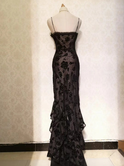 Sexy schwarzes Tüll-Meerjungfrauen-Abendkleid mit Rosen-Trägern P3328